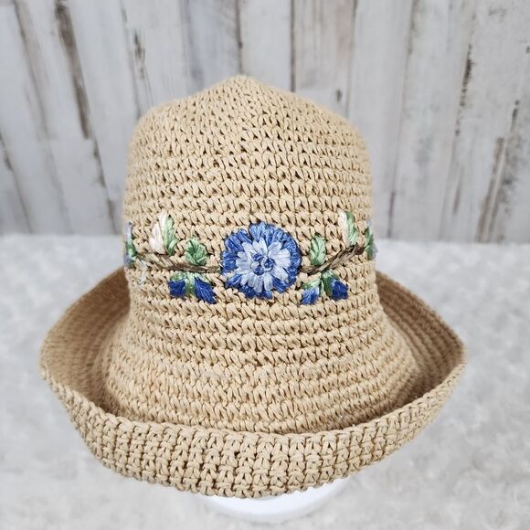 Embroidered Floral Straw Bucket Sun Hat - Picture 7 of 7